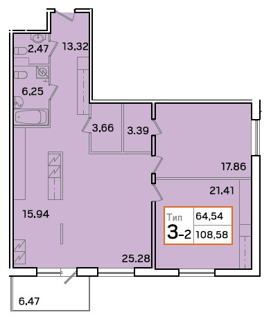 Трёхкомнатная квартира 109.1 м²